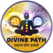 Divine Path logo featuring a meditative figure with seven chakras, holding the sun and moon, symbolizing balance and enlightenment.