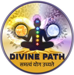 “Divine Path logo with a meditating figure showing seven chakras, holding sun and moon, representing balance and spiritual awakening.”